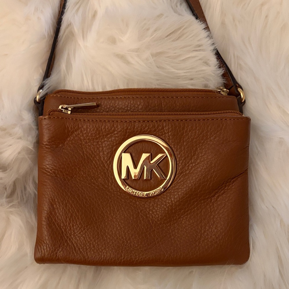 Michael Kors Cognac Leather MK Logo Crossbody Bag